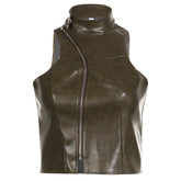 Gilet en cuir style locomotive rétro vieilli, col roulé, coutures zippées, épaules asymétriques irrégulières
