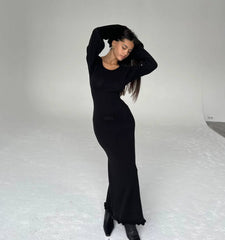 Backless Slim Fit Comfortable High Waist Lace Up Woolen Bell Sleeve Stringy Selvedge Dress