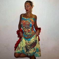 Retroable Personalized Printed off Neck Strap Dress