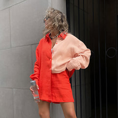 Ensemble deux pièces chemise et short à manches longues et coutures amples de couleur contrastée de Street Casual