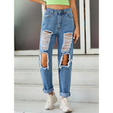 Zerrissene, gerade Jeanshose mit hoher Taille