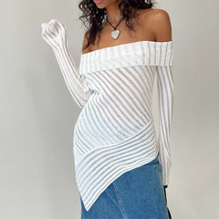 Fall French off the Shoulder Long Sleeve Knitted Woolen Slim Fit Outerwear Top