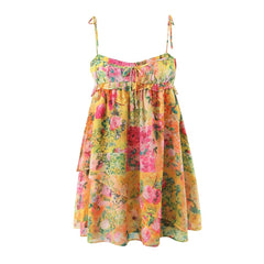 Early Color Matching Floral Tie Neck Strap Dress Wooden Ear Dress