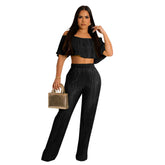 Pleated Ruffled Off Shoulder Wide Leg Pants Suit