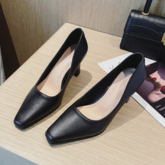 Women's High Black Square Toe Professional Chunky Heels
