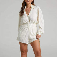V-neck Pleated Long Sleeve Collared Shorts Suit