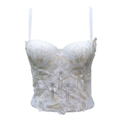 Corset français à chaîne de forage, haut enveloppé sur la poitrine, corset moulant amincissant, perlé, motif floral tridimensionnel, bretelles blanches