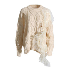 Elegant Lady Hollow Out Cutout Out Embroidery Stitching Knitwear Round Neck Long Sleeve Mesh Irregular Asymmetric Sweater