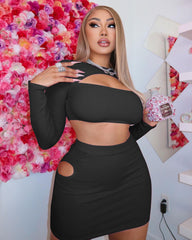 Aushöhlen Cutout Engen Rock Langarm T-shirt Anzug