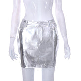 Street Faux Leather Splicing Skirt Trendy Metallic High Waist Skirt