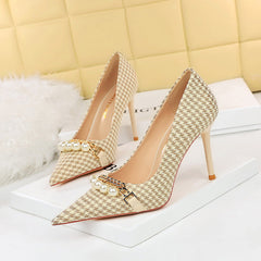 Women's Shallow Mouth Pointed Pearl Chain Heels