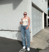 Jean ample et droit taille haute, pantalon décontracté à jambes larges et amincissant