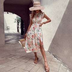 Ruffled Sleeveless White with Printed Pattern Dress