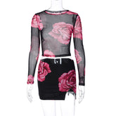 Two Piece Mesh Long Sleeved Top Slim Fit Short Split Printed Skirt Set