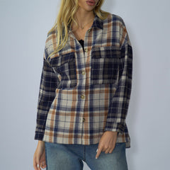 Loose Stitching Off Shoulder Plaid Long Sleeve Single Breasted T Shirt Sweater