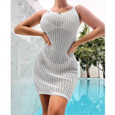 Gestrickte, ausgehöhlte Weste, kurzes, mittellanges, enges Kleid mit Trägern, Strandüberzug, Bikiniüberzug
