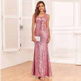 V-Ausschnitt U-Rücken Luxus-Partykleid Meerjungfrau funkelndes langes Abendkleid mit Pailletten