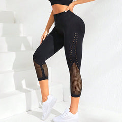 Nahtloser, ausgehöhlter, Ausschnitt-Netzstoff, hohe Taille, Hüftlift, Yoga-Hose, verkürzte Hose, Sport-BH, Fitnessanzug