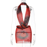 Mesh Floral Print Backless Halter Slim Dress