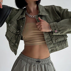 Distressed Green Workwear Denim Jacke Personalisierte Tasche Casual Short Top Herbst