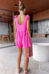 Casual Solid Color Bamboo Round Neck Sleeveless Bow Loose Waist Romper