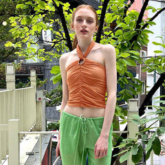 Solid Color Mesh Pleated Halter Top Backless