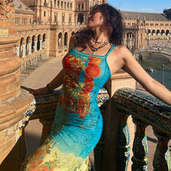 Retroable Personalized Printed off Neck Strap Dress