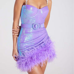 Drill Chain Sequin Sheath Feather Pleated Dress