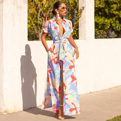 Robe cardigan imprimée à manches courtes et à lacets avec col