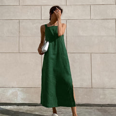 French Maxi Dress Cotton Linen Sleeveless Dress Green Slit Straight Cami Dress