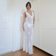 Robe nuisette dos nu décolleté en V profond Robe florale tridimensionnelle transparente en maille