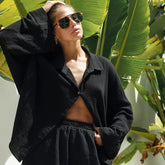 Schwarze Strickjacke, lockerer, lässiger Pyjama, zweiteiliges Set, langärmelige Shorts, Oberbekleidung, Homewear