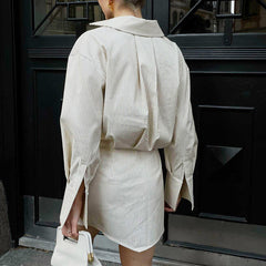 Polokragen Streifen Hemdkleid Langarm Cinched Kurzes Kleid Kleid