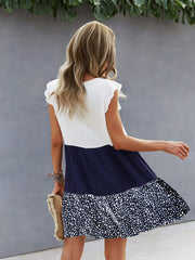 Three Color Stitching Dress Contrast Color Leopard Print Flying Short Sleeve A Line Dress