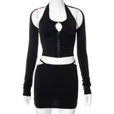 Solid Color Halter Hooks Long Sleeved Top Low Waist Hollow Out Cutout Skirts Suit