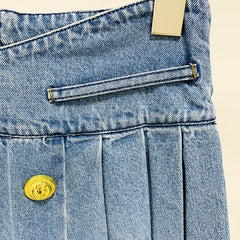 Star Double Breasted Lion Buckle Pleated Wash Denim Skirt Short Skirt