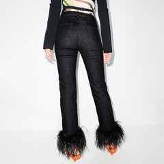 Ostrich Feather Stitching Straight Leg Pants High Waist Western All-Matching Slimming Casual Jeans
