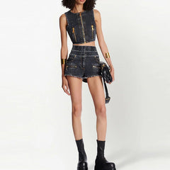 Stars Zipper Denim Vest Top Denim Shorts Suit Two-Piece Set