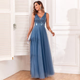 Patchwork Stretch Waist Sleeveless Double V Neck Evening Dress Tulle Embroidery Long Elegant A Big Swing Party Dress