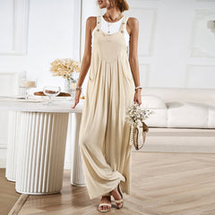 Solid Color Suspender Pants Loose Wide Leg One Piece Trousers