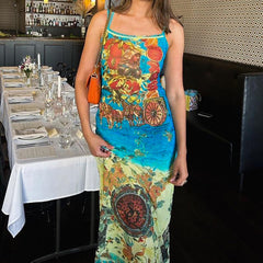 Retroable Personalized Printed off Neck Strap Dress