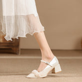 Women's Spring Square Toe Low-cut Thick Pearl Heels