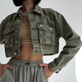 Veste en jean vert effet usé, vêtement de travail, poche personnalisée, haut court décontracté, automne