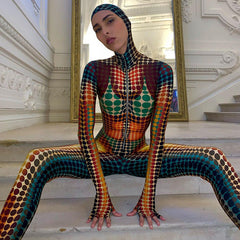 Printed Long Sleeve round Neck High Waist Tight Jumpsuit