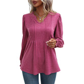Solid Color Casual Top Puff Sleeve Smocking V Neck Long Sleeve T Shirt