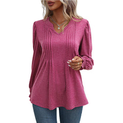 Solid Color Casual Top Puff Sleeve Smocking V Neck Long Sleeve T Shirt
