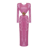 Festival Langarm Rot Sequ Cropped Outfit rundhals Floral Gürtel Schnalle Kleid Weihnachten