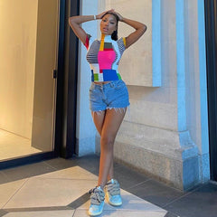 Street Hipster Halbrollkragen Kurzarm Geometrisch Abstrakt Bedrucktes Slim T-Shirt