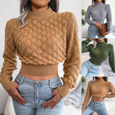 Dreidimensionaler, ausgehöhlter Diamant-Ausschnitt, kurzer Strickpullover mit langen Ärmeln