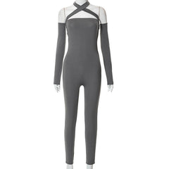 Pantalon une pièce slim à bretelles spaghetti et manches longues, poitrine enveloppée